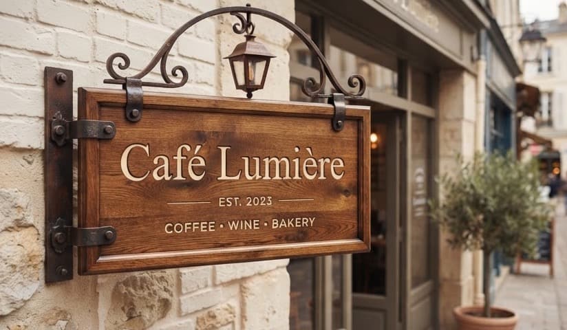 Café Lumière · 원목 돌출 간판 간판 시안